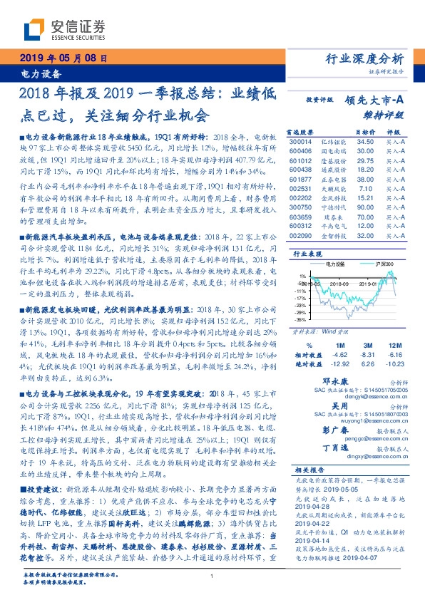 电力设备行业深度分析：2018年报及2019一季报总结：业绩低点已过，关注细分行业机会