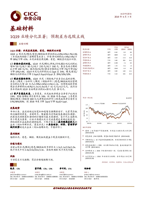 基础材料：1Q19业绩分化显著；预期差为选股主线