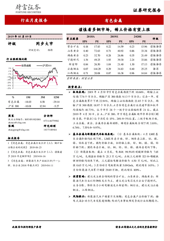 有色金属行业月度报告：谨慎看多铜市场，稀土价格有望上涨