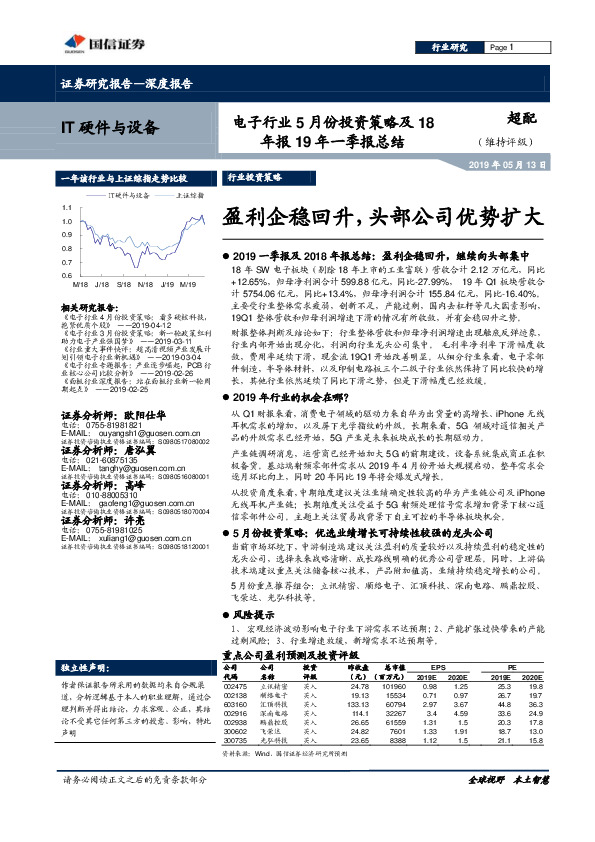 电子行业5月份投资策略及18年报19年一季报总结：盈利企稳回升，头部公司优势扩大