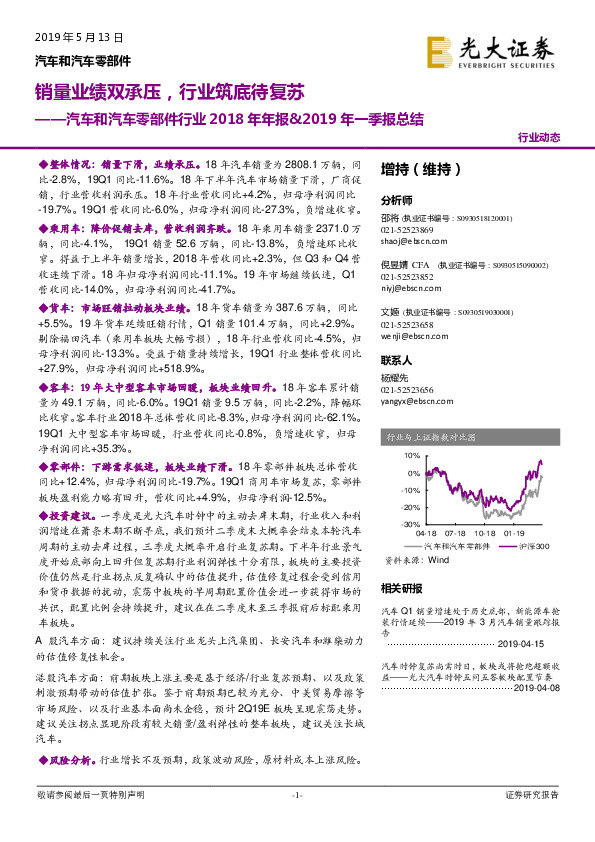 汽车和汽车零部件行业2018年年报&2019年一季报总结：销量业绩双承压，行业筑底待复苏
