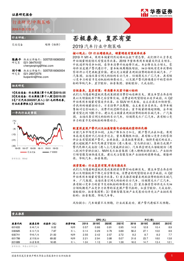 2019汽车行业中期策略：否极泰来，复苏有望
