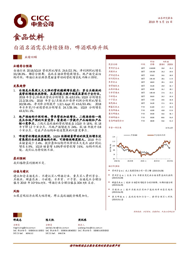 食品饮料业绩回顾：白酒名酒需求持续强劲，啤酒艰难升级