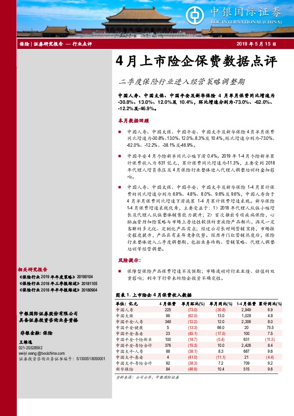 4月上市险企保费数据点评：二季度保险行业进入经营策略调整期