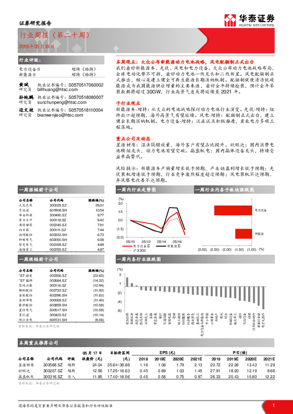 电力设备行业周报（第二十周）