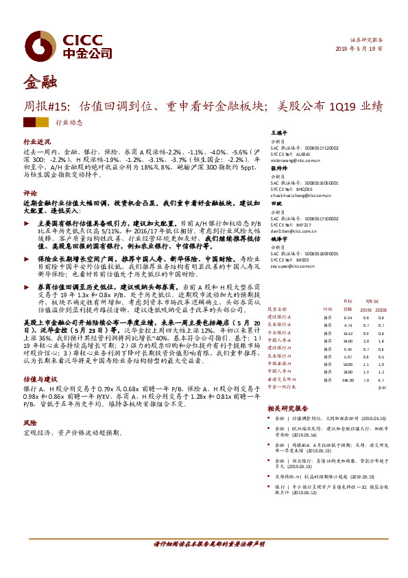 金融：周报#15：估值回调到位、重申看好金融板块；美股公布1Q19业绩