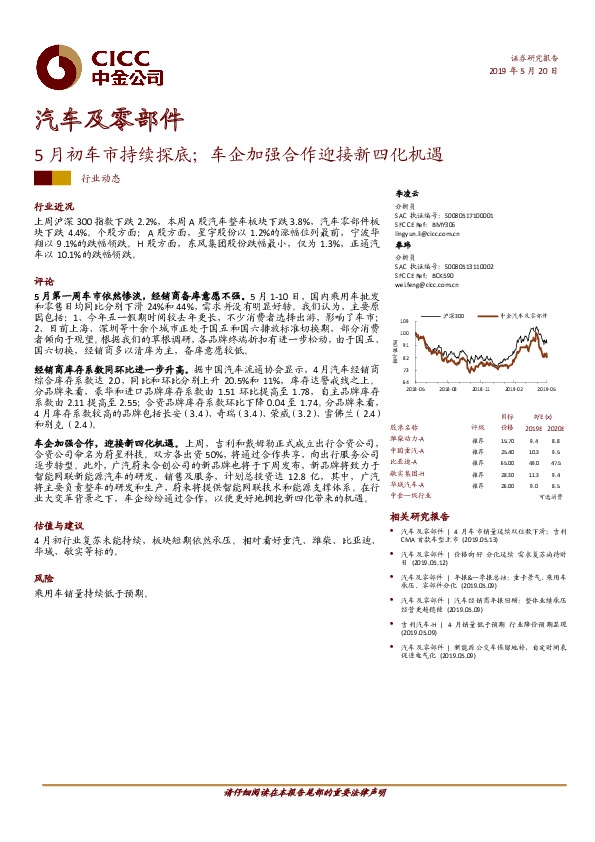汽车及零部件：5月初车市持续探底；车企加强合作迎接新四化机遇