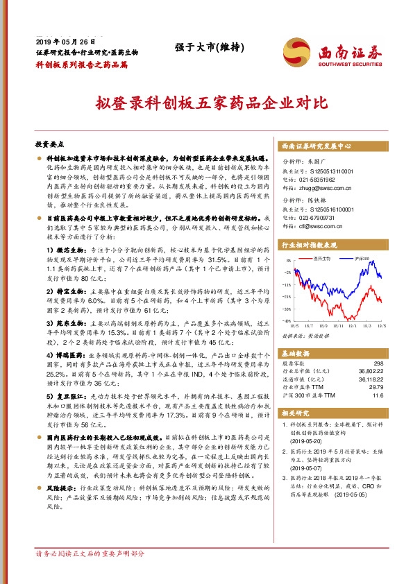 科创板系列报告之药品篇：拟登录科创板五家药品企业对比