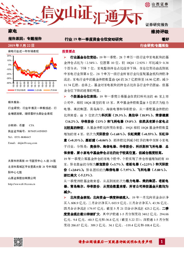 家电专题报告：行业19年一季度资金仓位变动研究
