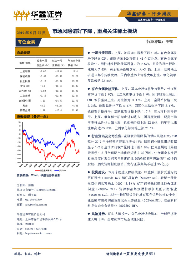 有色金属行业周报：市场风险偏好下降，重点关注稀土板块