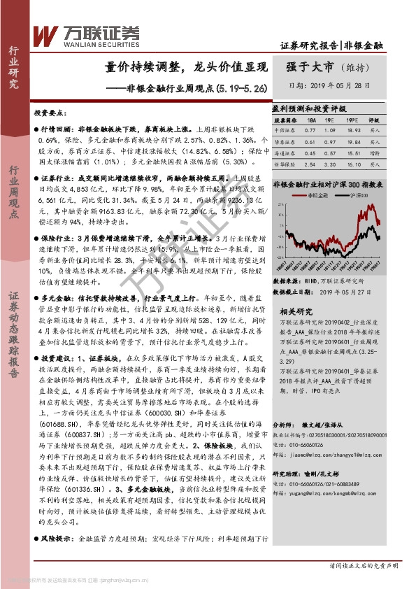 非银金融行业周观点：量价持续调整，龙头价值显现