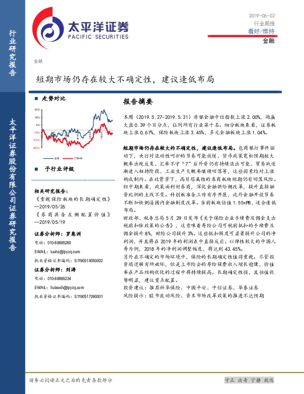 金融行业周报：短期市场仍存在较大不确定性，建议逢低布局