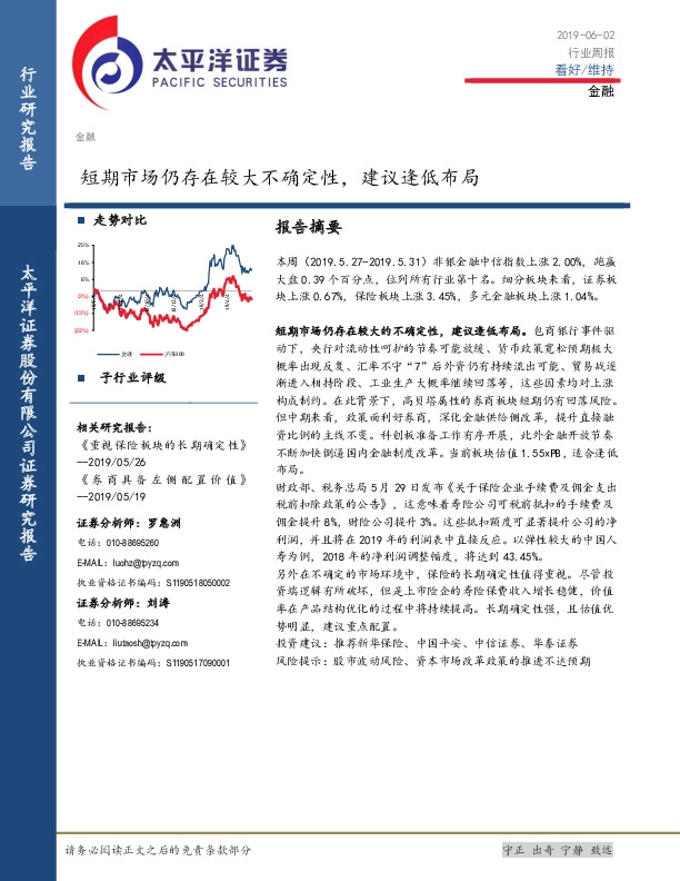 金融行业周报：短期市场仍存在较大不确定性，建议逢低布局