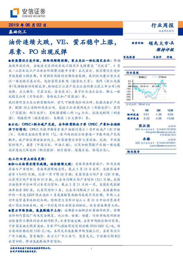基础化工行业周报：油价连续大跌，VE、萤石稳中上涨，尿素、PO出现反弹