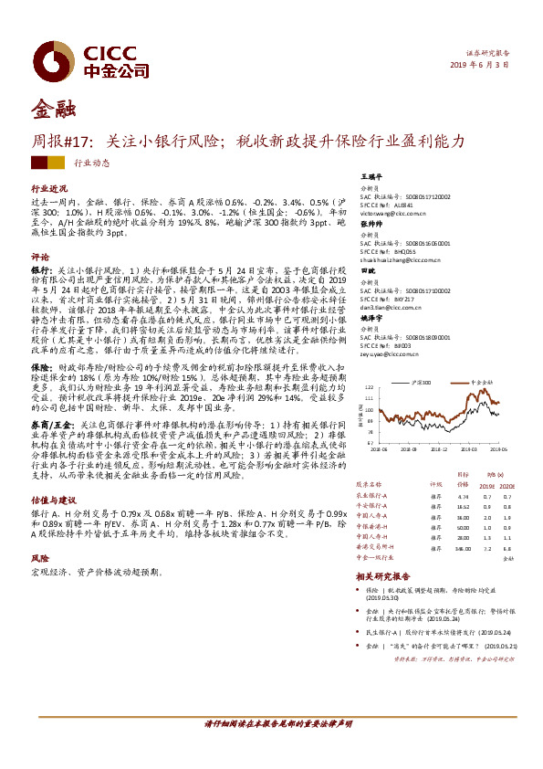 金融周报#17：关注小银行风险；税收新政提升保险行业盈利能力
