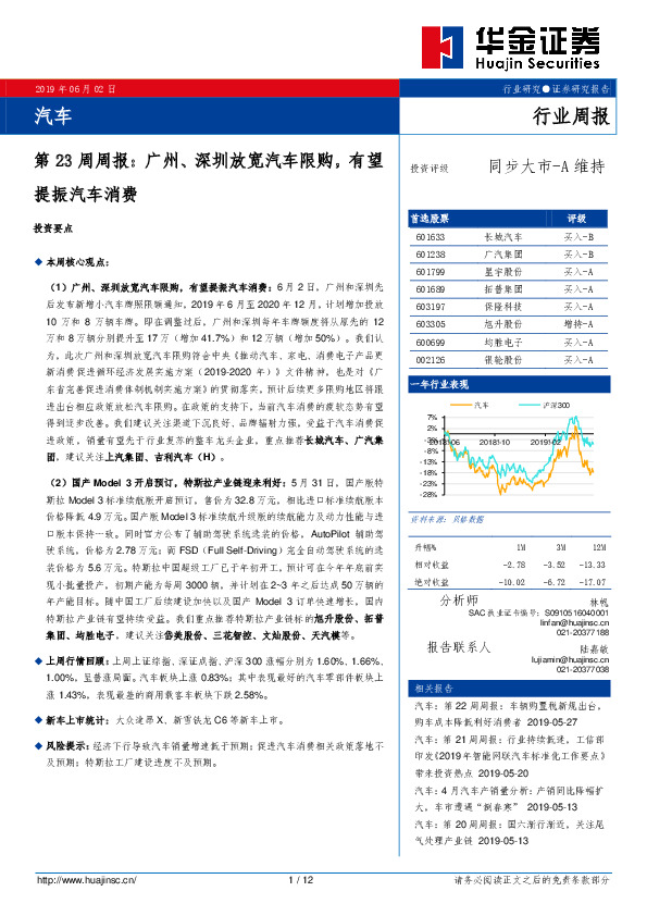 汽车第23周周报：广州、深圳放宽汽车限购，有望提振汽车消费