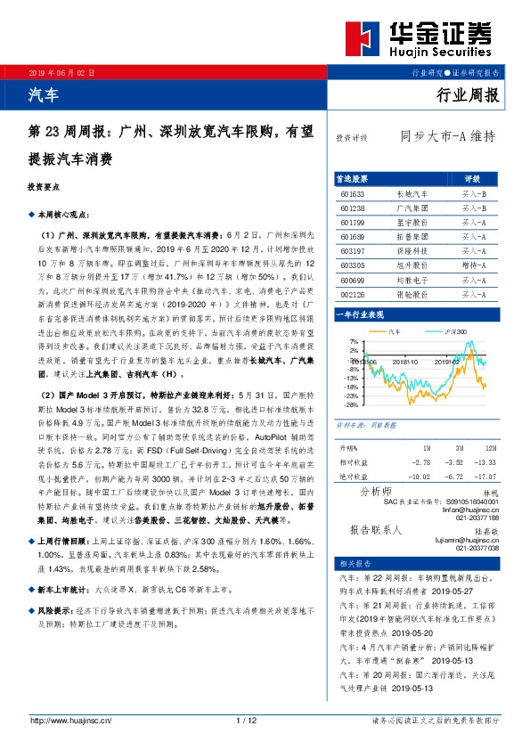 汽车第23周周报：广州、深圳放宽汽车限购，有望提振汽车消费