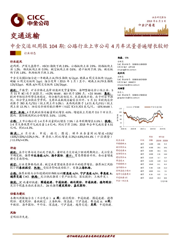 中金交运双周报104期：公路行业上市公司4月车流量普遍增长较好