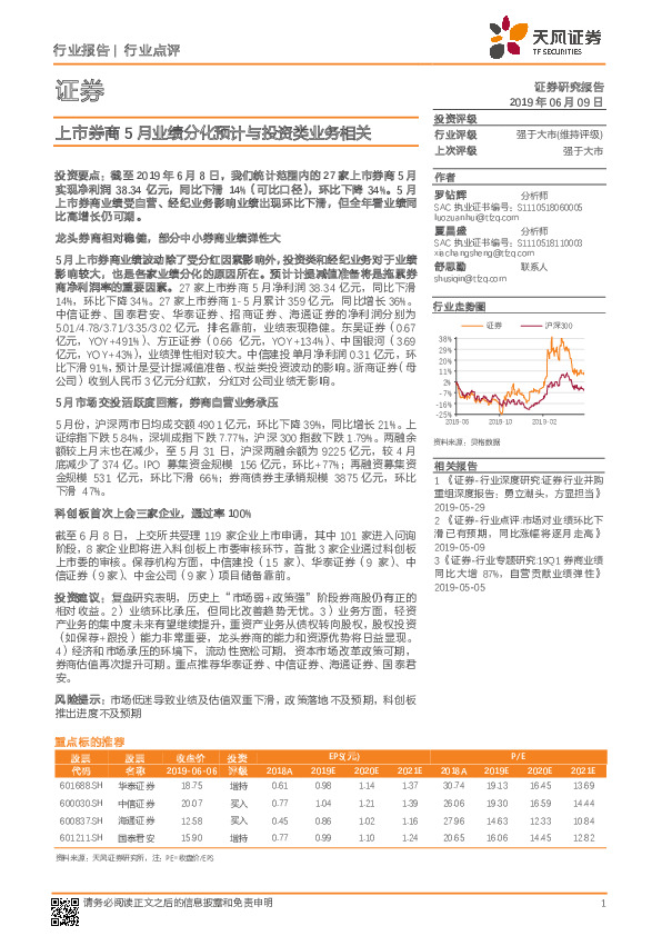 证券行业点评：上市券商5月业绩分化预计与投资类业务相关