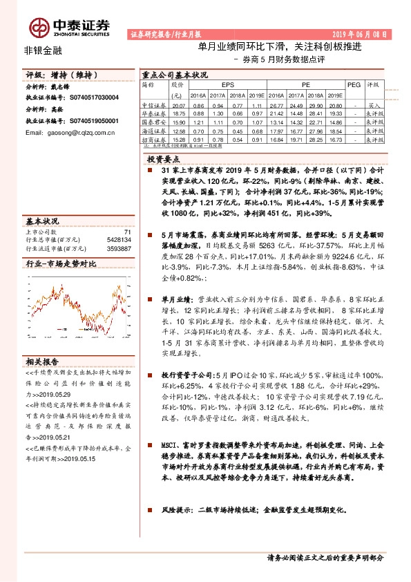 非银金融行业月报：券商5月财务数据点评：单月业绩同环比下滑，关注科创板推进