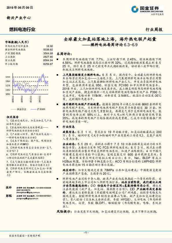 燃料电池每周评论：全球最大加氢站落地上海，海外热电联产起量