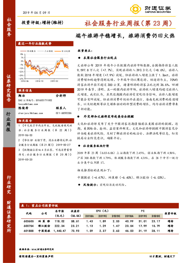 社会服务行业周报（第23周）：端午旅游平稳增长，旅游消费仍旧火热