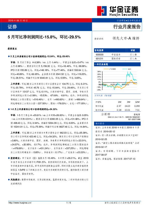 证券行业月度报告：5月可比净利润同比-15.8%，环比-29.5%