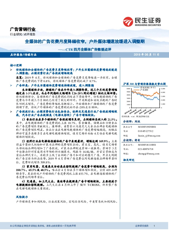 CTR四月全媒体广告数据点评：全媒体的广告花费月度降幅收窄，户外媒体增速放缓进入调整期