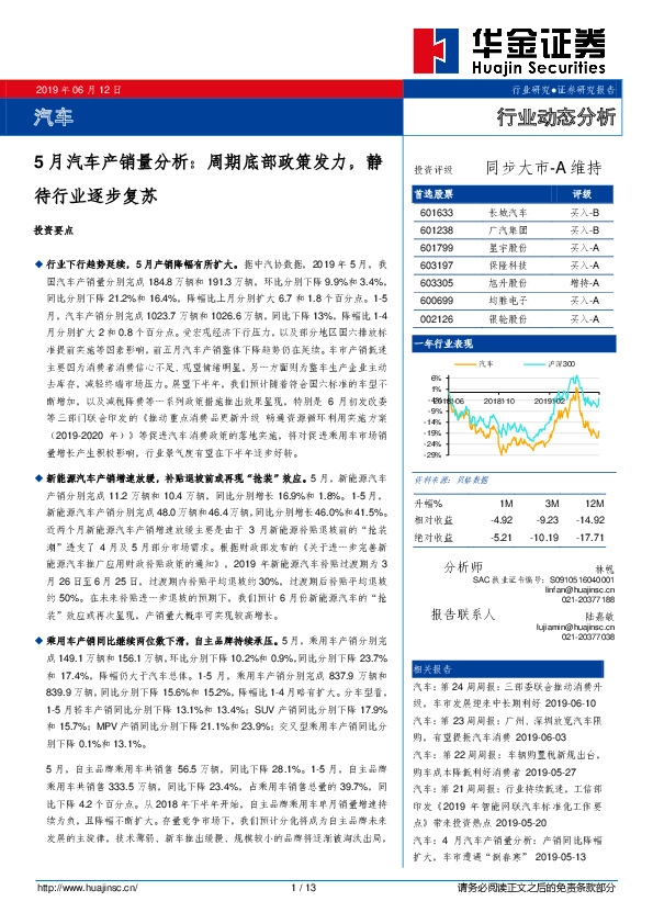 汽车：5月汽车产销量分析：周期底部政策发力，静待行业逐步复苏
