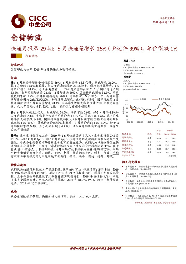 仓储物流：快递月报第29期：5月快递量增长25%（异地件39%），单价微跌1%