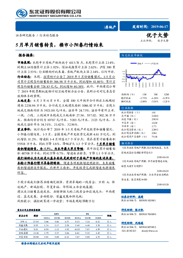 房地产行业动态报告：5月单月销售转负，楼市小阳春行情结束