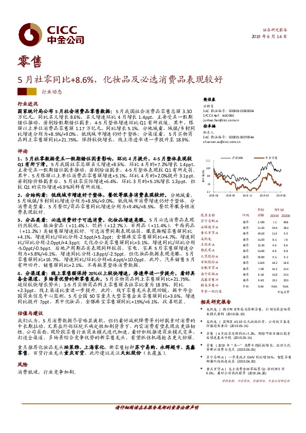 零售行业动态：5月社零同比+8.6%，化妆品及必选消费品表现较好