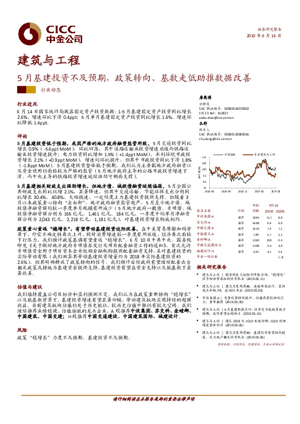 建筑与工程行业动态：5月基建投资不及预期，政策转向、基数走低助推数据改善