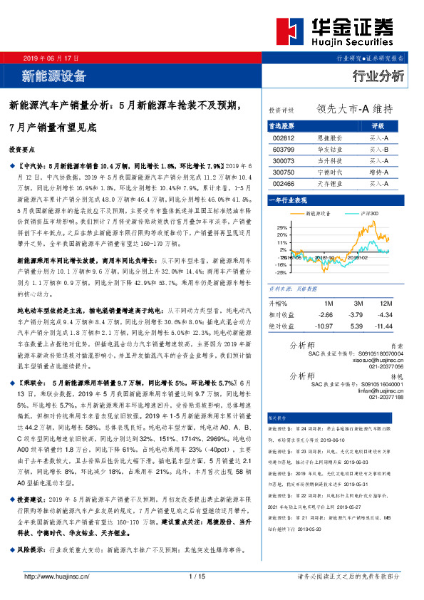 新能源汽车产销量分析：5月新能源车抢装不及预期，7月产销量有望见底