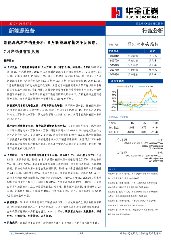 新能源汽车产销量分析：5月新能源车抢装不及预期，7月产销量有望见底
