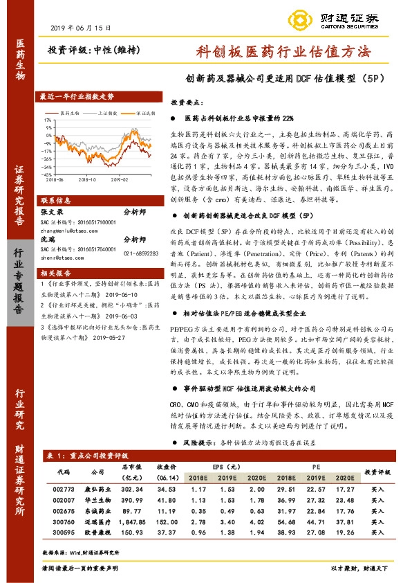 科创板医药行业估值方法：创新药及器械公司更适用DCF估值模型（5P）