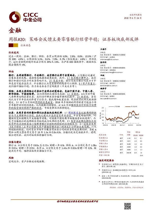 金融周报#20：策略会反馈主要零售银行经营平稳；证券板块底部反弹