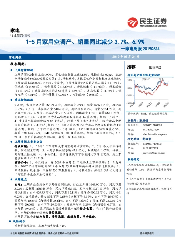 家电周报：1-5月家用空调产、销量同比减少3.7%、6.9%
