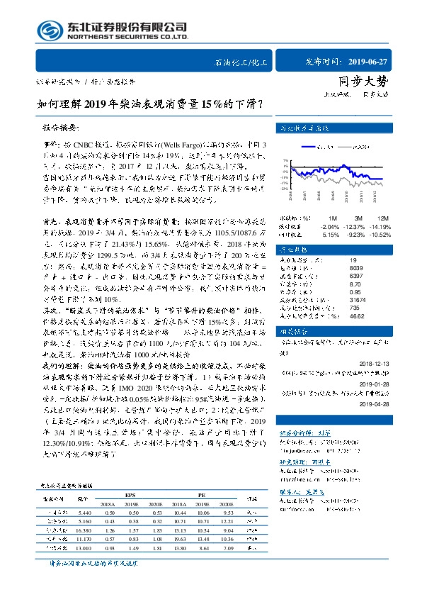 石油化工行业动态报告：如何理解2019年柴油表观消费量15%的下滑？
