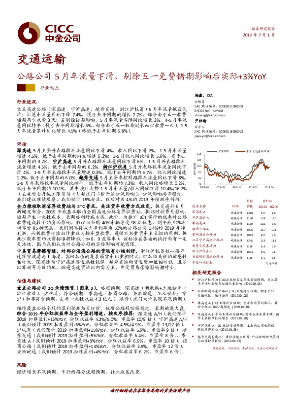 交通运输行业动态：公路公司5月车流量下滑，剔除五一免费错期影响后实际+3%YoY