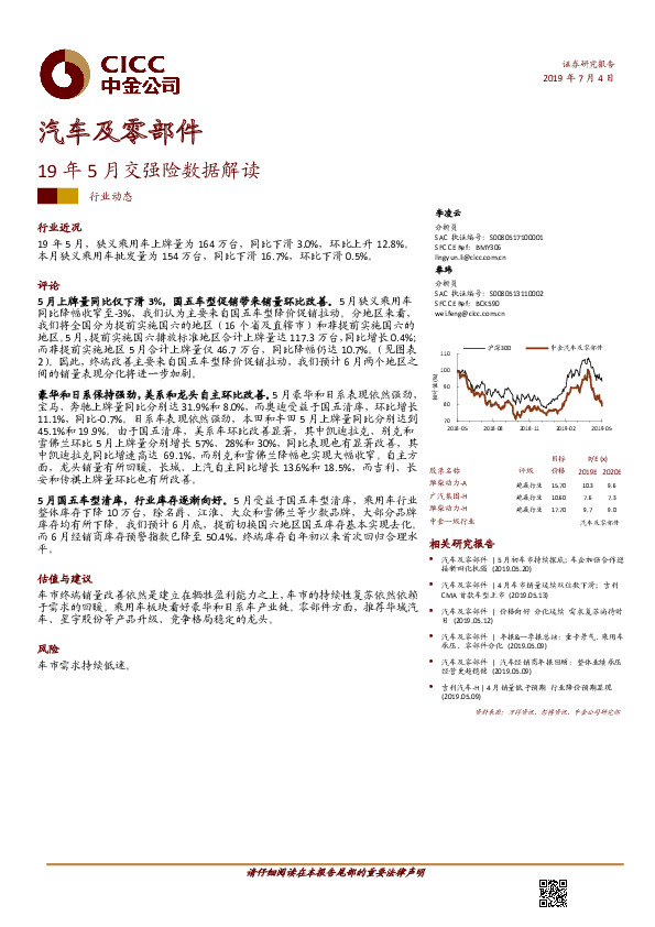 汽车及零部件行业动态：19年5月交强险数据解读