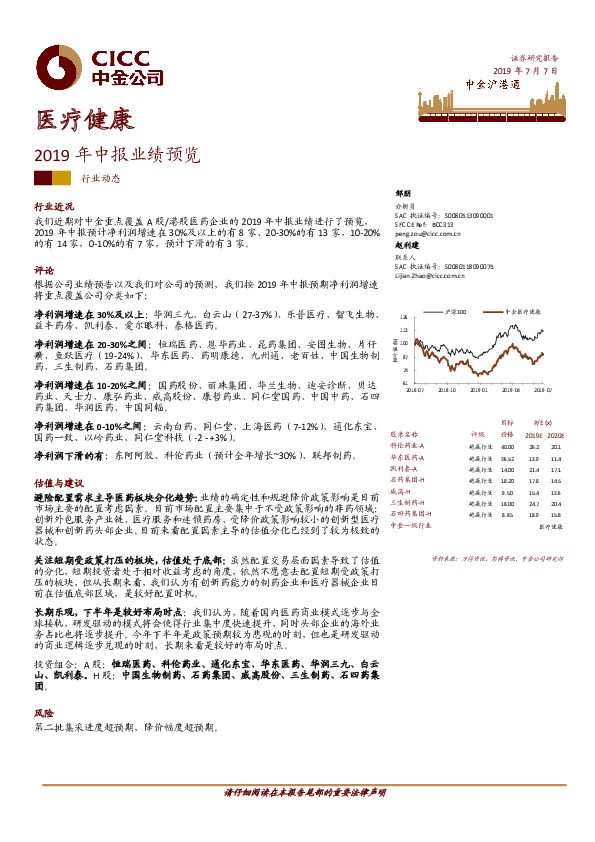 医疗健康2019年中报业绩预览