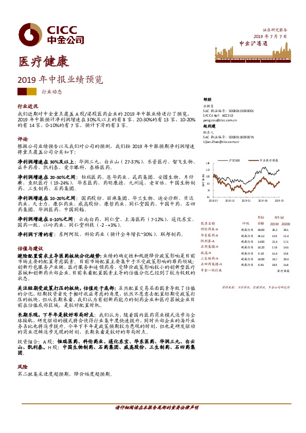 医疗健康2019年中报业绩预览