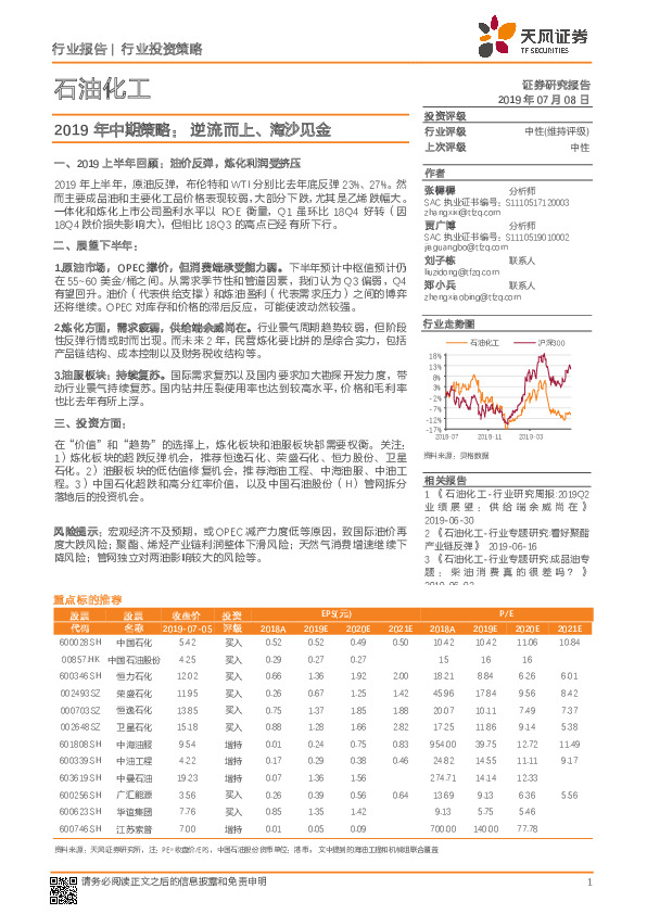 石油化工：2019年中期策略：逆流而上、淘沙见金