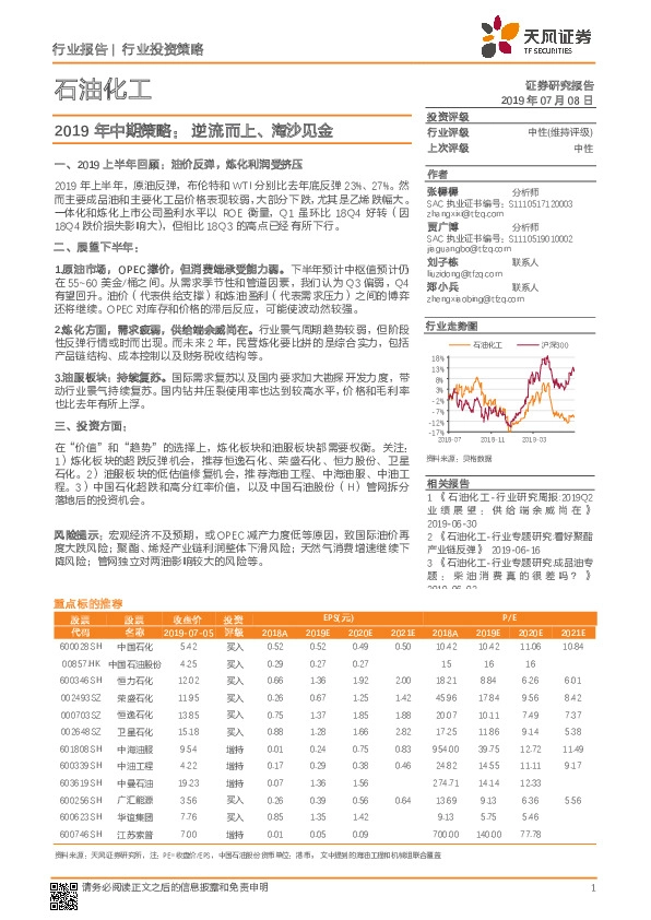 石油化工：2019年中期策略：逆流而上、淘沙见金