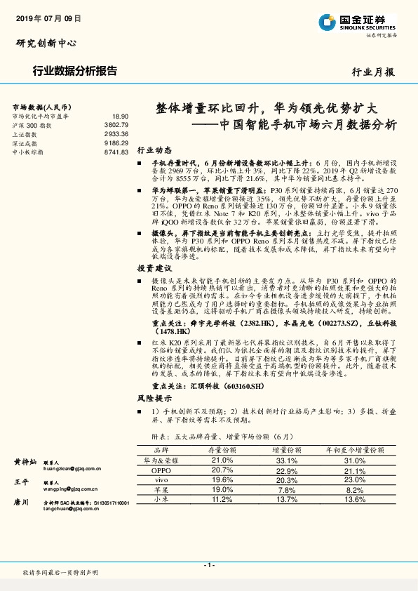 中国智能手机市场六月数据分析：整体增量环比回升，华为领先优势扩大