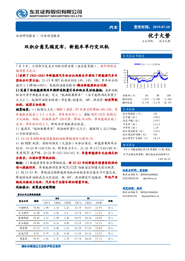 汽车行业动态报告：双积分意见稿发布，新能车单行变双轨