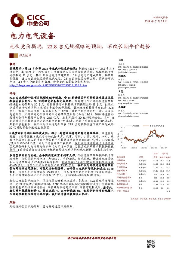 电力电气设备：光伏竞价揭晓，22.8吉瓦规模略逊预期，不改长期平价趋势