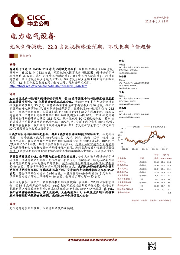 电力电气设备：光伏竞价揭晓，22.8吉瓦规模略逊预期，不改长期平价趋势