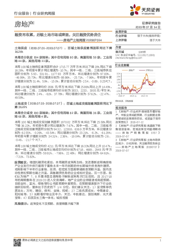 房地产土地周报：融资再收紧，后续土地市场或降温，关注融资优势房企